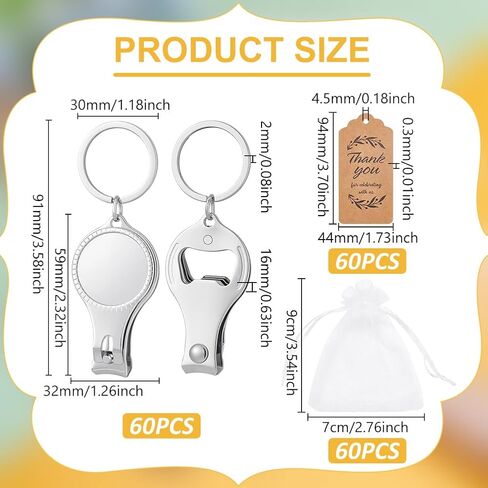 60 Set Stainless Steel Nail Clipper Keychains, 3 in 1 Nail Clippers Bottle Opener Keychain with 60Pcs Kraft Paper Gift Tags and Pearl Gauze Bags Wedding Gifts for Guests Party Favor Gift in Saudi Arabia
