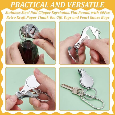 60 Set Stainless Steel Nail Clipper Keychains, 3 in 1 Nail Clippers Bottle Opener Keychain with 60Pcs Kraft Paper Gift Tags and Pearl Gauze Bags Wedding Gifts for Guests Party Favor Gift in Saudi Arabia