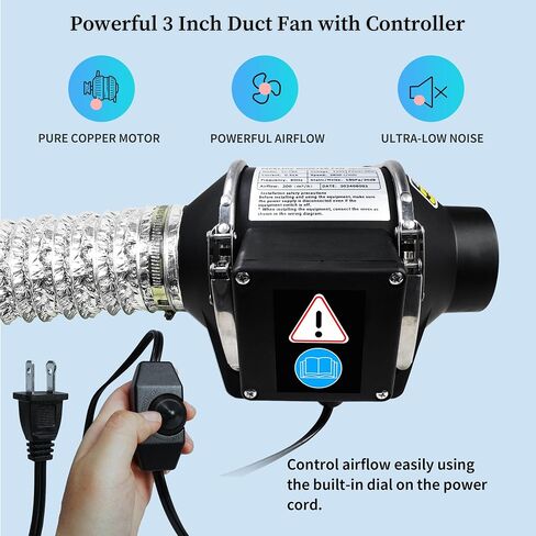 3 Inch Duct Fan, Inline Ventilation Exhaust Fan, 200 CFM Duct Intake High Efficiency Air Fan for Vent Bathroom, Kitchen, Grow Tent, Hydroponics, 3D Printer in Saudi Arabia