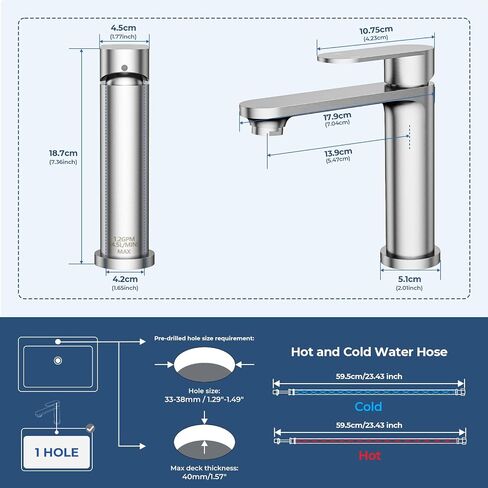 HURRAN Single Handle Bathroom Sink Faucet, Stainless Steel Bathroom Faucets for Single Hole, Modern Vanity Faucet Farmhouse Lavatory Tap with Pop Up Stopper & Flexible Supply Hoses (Brushed Nickel) in Saudi Arabia