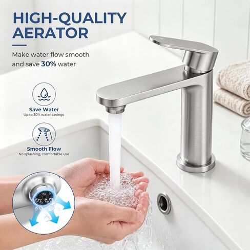 HURRAN Single Handle Bathroom Sink Faucet, Stainless Steel Bathroom Faucets for Single Hole, Modern Vanity Faucet Farmhouse Lavatory Tap with Pop Up Stopper & Flexible Supply Hoses (Brushed Nickel) in Saudi Arabia