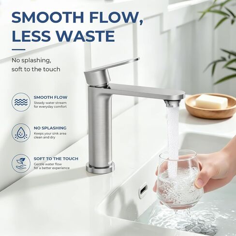 HURRAN Single Handle Bathroom Sink Faucet, Stainless Steel Bathroom Faucets for Single Hole, Modern Vanity Faucet Farmhouse Lavatory Tap with Pop Up Stopper & Flexible Supply Hoses (Brushed Nickel) in Saudi Arabia