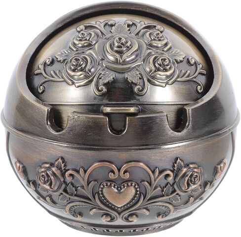 Vintage Windproof Ashtray with Lid, Fancy Portable Desktop Ashtrays Antique Cigarette Ashtray Decorative Cigar Ashtray - Hand Stamped Rose Pattern - Office Housewarming Gift Man Women in Kuwait
