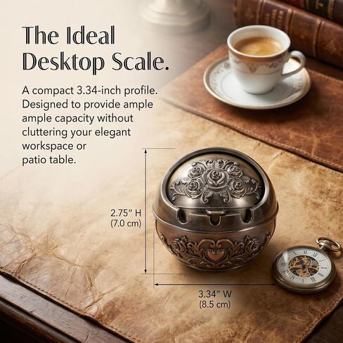 Vintage Windproof Ashtray with Lid, Fancy Portable Desktop Ashtrays Antique Cigarette Ashtray Decorative Cigar Ashtray - Hand Stamped Rose Pattern - Office Housewarming Gift Man Women in Kuwait