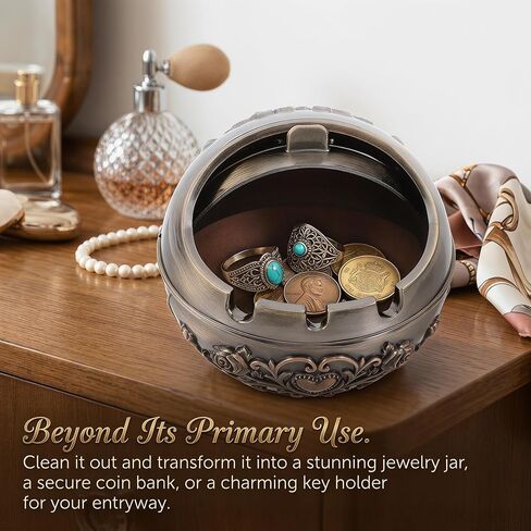 Vintage Windproof Ashtray with Lid, Fancy Portable Desktop Ashtrays Antique Cigarette Ashtray Decorative Cigar Ashtray - Hand Stamped Rose Pattern - Office Housewarming Gift Man Women in Kuwait