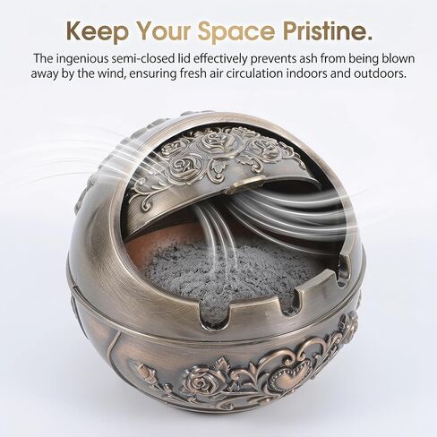 Vintage Windproof Ashtray with Lid, Fancy Portable Desktop Ashtrays Antique Cigarette Ashtray Decorative Cigar Ashtray - Hand Stamped Rose Pattern - Office Housewarming Gift Man Women in Kuwait