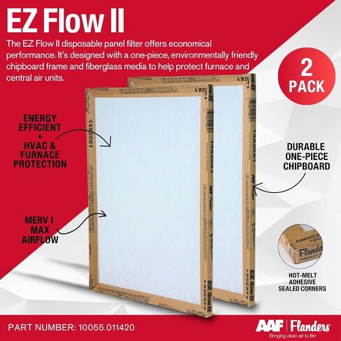 مرشحات هواء Flanders EZ-Flow II 14x20x1، MERV 1، فرن، HVAC، وفلتر تيار متردد - تدفق هواء عالي، موفر للطاقة، وسائط من الألياف الزجاجية 10055.011420، (عبوتان) in Kuwait