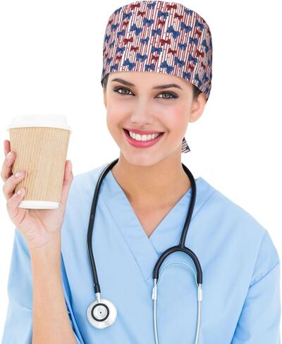 Patriotic Striped Bow Print Scrub Caps Women Men, Nurse Cap Surgical Caps Scrub Hats for Women Men, Adjustable Working Cap with Sweatband Black in Kuwait