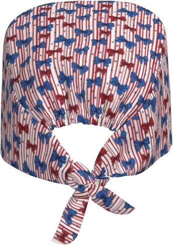 Patriotic Striped Bow Print Scrub Caps Women Men, Nurse Cap Surgical Caps Scrub Hats for Women Men, Adjustable Working Cap with Sweatband Black in Kuwait