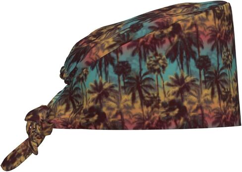 Sunset Palm Tree Pattern Print Scrub Caps Women Men, Nurse Cap Surgical Caps Scrub Hats for Women Men, Adjustable Working Cap with Sweatband Black in Kuwait