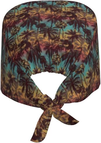Sunset Palm Tree Pattern Print Scrub Caps Women Men, Nurse Cap Surgical Caps Scrub Hats for Women Men, Adjustable Working Cap with Sweatband Black in Kuwait