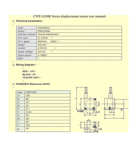 Linear Displacement Sensor CWP-S200R 200mm Measuring Rangerange Signal Output 0-10 Voltage 24VDC in Kuwait