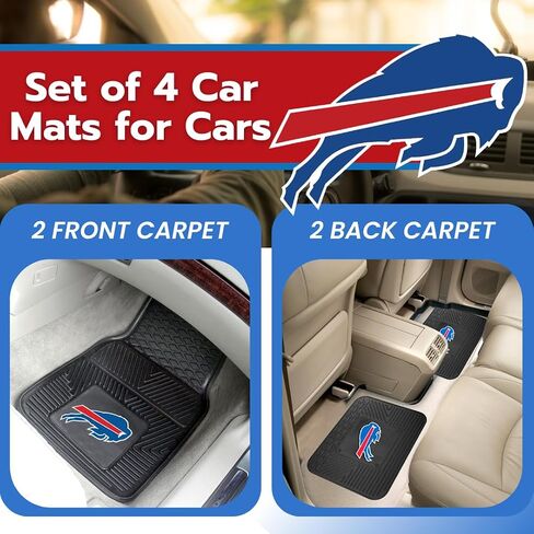مجموعة من 4 سجادات سيارة من Fanmats Buffalo Bills للسيارات وسيارات الدفع الرباعي والشاحنات الصغيرة - حماية من جميع تكنولوجيا الطقس، تصميم خزان عميق، ملاءمة عالمية - شعار فريق NFL ثلاثي الأبعاد - 29 بوصة × 17 بوصة أمامي - 14 بوصة × 17 بوصة سجادة خلفية in Kuwait