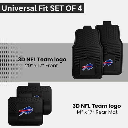 مجموعة من 4 سجادات سيارة من Fanmats Buffalo Bills للسيارات وسيارات الدفع الرباعي والشاحنات الصغيرة - حماية من جميع تكنولوجيا الطقس، تصميم خزان عميق، ملاءمة عالمية - شعار فريق NFL ثلاثي الأبعاد - 29 بوصة × 17 بوصة أمامي - 14 بوصة × 17 بوصة سجادة خلفية in Kuwait