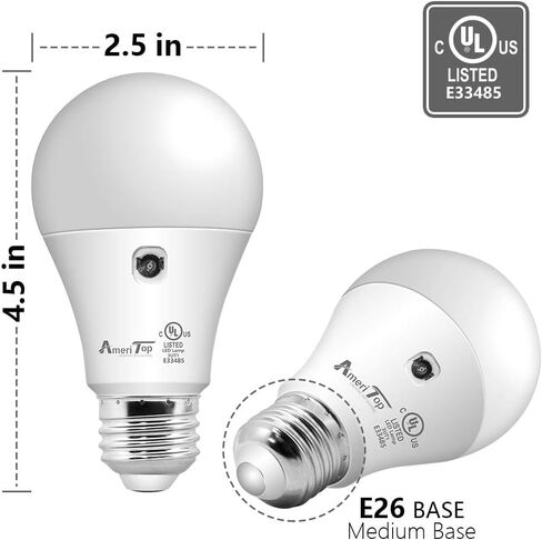AmeriTop Dusk to Dawn Light Bulb- 4 Pack, A19 LED Sensor Light Bulbs; UL Listed, Automatic On/Off, 800 Lumen, 10W(60 Watt Equivalent), E26 Base, Indoor/Outdoor Lighting Bulb in Saudi Arabia