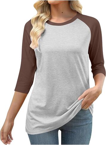 Women's Baseball 3/4 Sleeve Tee Shirt Casual Loose Color Block Crew Neck Workout Tops Raglan Sleeve Outdoor Blouse in Kuwait