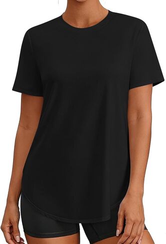 Womens Round Neck Workout Tops Short Sleeve Shirts Quick Dry Lightweight Outfits for Hiking Running with Side Split in Kuwait
