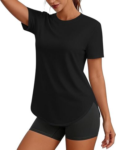 Womens Round Neck Workout Tops Short Sleeve Shirts Quick Dry Lightweight Outfits for Hiking Running with Side Split in Kuwait