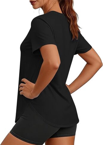 Womens Round Neck Workout Tops Short Sleeve Shirts Quick Dry Lightweight Outfits for Hiking Running with Side Split in Kuwait
