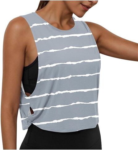 Women's Workout Tank Tops Casual Striped Large Armhole Quick Dry Athletic Crop Top Loose Fit Running Yoga Gym Shirts in Kuwait