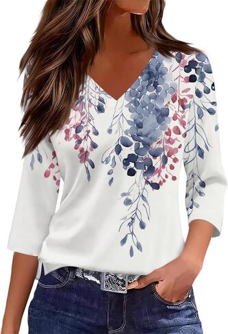 Women's V-Neck 3/4 Sleeve T-Shirt Boho Floral Print Casual Loose Fit Spring Summer Basic Tops 2026 in Kuwait