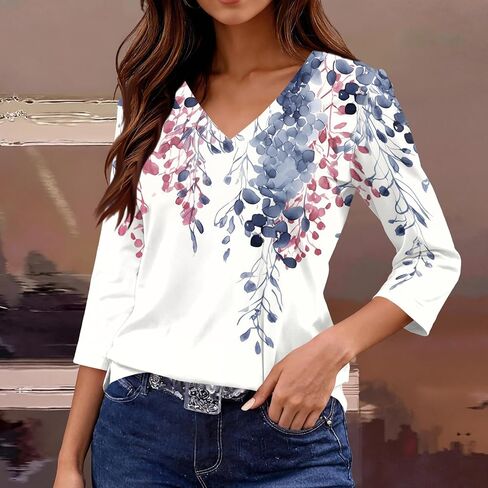 Women's V-Neck 3/4 Sleeve T-Shirt Boho Floral Print Casual Loose Fit Spring Summer Basic Tops 2026 in Kuwait