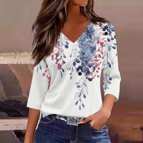 Women's V-Neck 3/4 Sleeve T-Shirt Boho Floral Print Casual Loose Fit Spring Summer Basic Tops 2026 in Kuwait