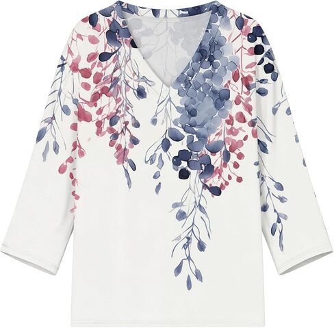 Women's V-Neck 3/4 Sleeve T-Shirt Boho Floral Print Casual Loose Fit Spring Summer Basic Tops 2026 in Kuwait