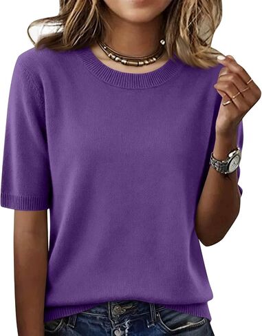 Elbow Sleeve Tops Women Loose Fit Cashmere Sweaters Crew Neck T Shirts Dressy Lightweight Half Sleeve Spring Blouses in Kuwait