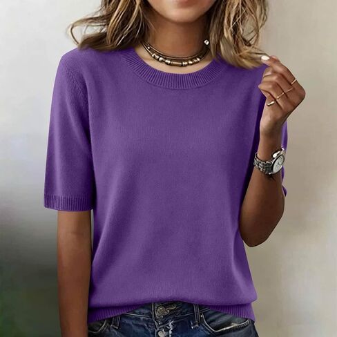 Elbow Sleeve Tops Women Loose Fit Cashmere Sweaters Crew Neck T Shirts Dressy Lightweight Half Sleeve Spring Blouses in Kuwait
