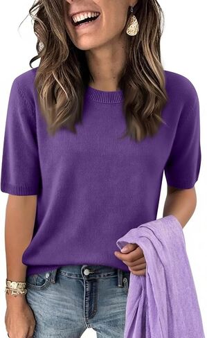 Elbow Sleeve Tops Women Loose Fit Cashmere Sweaters Crew Neck T Shirts Dressy Lightweight Half Sleeve Spring Blouses in Kuwait