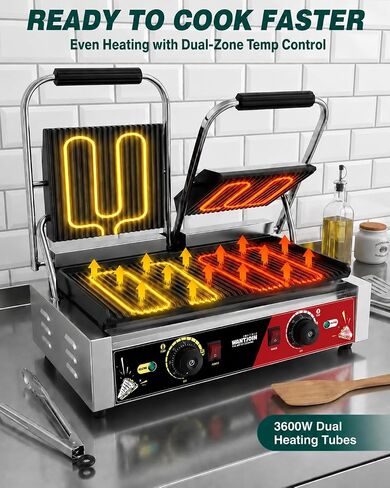 WantJoin Commercial Panini Press - ماكينة صنع ساندويتش بانيني كهربائية بقدرة 3600 وات 19 × 9 بوصة مع ألواح مخددة، وشواية ضغط للساندويتشات من الفولاذ المقاوم للصدأ مع تحكم مزدوج في درجة الحرارة، وسطح طهي للمطعم in Kuwait