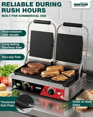 WantJoin Commercial Panini Press - ماكينة صنع ساندويتش بانيني كهربائية بقدرة 3600 وات 19 × 9 بوصة مع ألواح مخددة، وشواية ضغط للساندويتشات من الفولاذ المقاوم للصدأ مع تحكم مزدوج في درجة الحرارة، وسطح طهي للمطعم in Kuwait