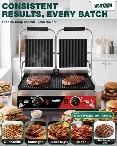 WantJoin Commercial Panini Press - ماكينة صنع ساندويتش بانيني كهربائية بقدرة 3600 وات 19 × 9 بوصة مع ألواح مخددة، وشواية ضغط للساندويتشات من الفولاذ المقاوم للصدأ مع تحكم مزدوج في درجة الحرارة، وسطح طهي للمطعم in Kuwait