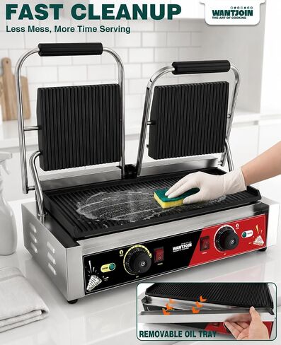 WantJoin Commercial Panini Press - ماكينة صنع ساندويتش بانيني كهربائية بقدرة 3600 وات 19 × 9 بوصة مع ألواح مخددة، وشواية ضغط للساندويتشات من الفولاذ المقاوم للصدأ مع تحكم مزدوج في درجة الحرارة، وسطح طهي للمطعم in Kuwait