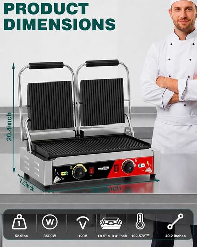 WantJoin Commercial Panini Press - ماكينة صنع ساندويتش بانيني كهربائية بقدرة 3600 وات 19 × 9 بوصة مع ألواح مخددة، وشواية ضغط للساندويتشات من الفولاذ المقاوم للصدأ مع تحكم مزدوج في درجة الحرارة، وسطح طهي للمطعم in Kuwait
