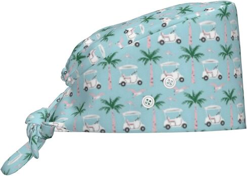 Tropical Golf Cart Print Scrub Caps Women Men, Adjustable Nurse Cap Surgical Caps Scrub Hats for Women Men, Working Cap with Buttons for Hanging Face Masks Black in Kuwait