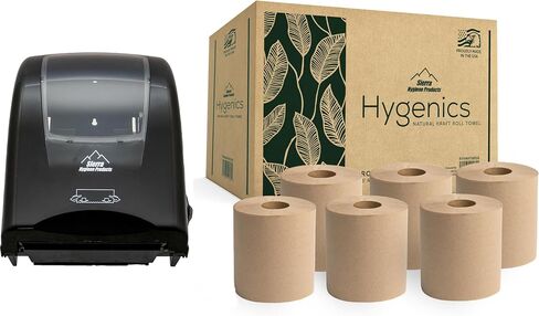 Sierra Hygenics Black Touch-Free Autocut Paper Towel Dispenser with (6) Hygenics 7.5" Hardwound 1-ply Natural (Kraft) Paper Towel Rolls in Kuwait