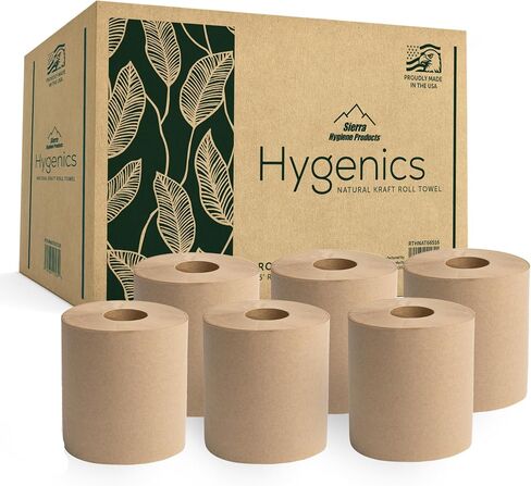 Sierra Hygenics Black Touch-Free Autocut Paper Towel Dispenser with (6) Hygenics 7.5" Hardwound 1-ply Natural (Kraft) Paper Towel Rolls in Kuwait