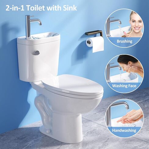 مرحاض حديث ممدود من Simple Project مع حوض، مراحيض صنبور 3 في 1 مع تدفق فردي 12 بوصة و1.28 GPF، مجموعة حوض مرحاض بطول 17 بوصة للحمامات الصغيرة (تشمل الصنبور) in Kuwait
