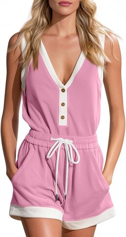 HGps8w Women's 2 Piece Outfits, Loose V Neck Sleeveless Tank Top Matching Shorts Color Block Workout Sets with Pockets in Kuwait