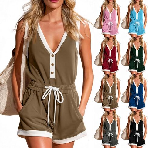 HGps8w Women's 2 Piece Outfits, Loose V Neck Sleeveless Tank Top Matching Shorts Color Block Workout Sets with Pockets in Kuwait