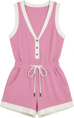 HGps8w Women's 2 Piece Outfits, Loose V Neck Sleeveless Tank Top Matching Shorts Color Block Workout Sets with Pockets in Kuwait