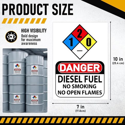 8 Pack Danger Diesel Fuel Stickers, 7 x 10 Inch Self Adhesive Vinyl Warning Decals, No Smoking No Open Flames Safety Signs for Diesel Tanks, Fuel Can, Generators in Kuwait