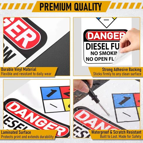8 Pack Danger Diesel Fuel Stickers, 7 x 10 Inch Self Adhesive Vinyl Warning Decals, No Smoking No Open Flames Safety Signs for Diesel Tanks, Fuel Can, Generators in Kuwait