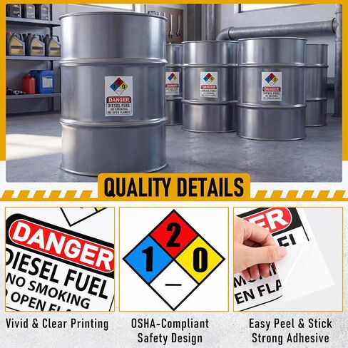 8 Pack Danger Diesel Fuel Stickers, 7 x 10 Inch Self Adhesive Vinyl Warning Decals, No Smoking No Open Flames Safety Signs for Diesel Tanks, Fuel Can, Generators in Kuwait
