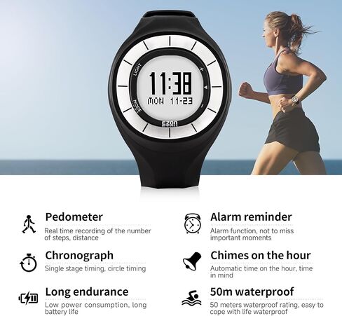ساعة EZON Pedometer Watch T028، ساعة مضادة للماء مع السعرات الحرارية وساعة التوقف، إضاءة خلفية EL، عداد خطوات غير بلوتوث للمشي والتمارين اليومية in Kuwait