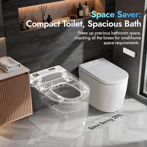Smart Compact Toilet for Small Bathroom, 23" Depth Toilet with Auto Open/Close Lid & Foot Sensor Flush, Heated Seat, Warm Water Wash & Dryer, Tankless One Piece Toilet with 1.28GPF in Kuwait