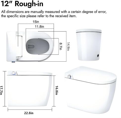 Smart Compact Toilet for Small Bathroom, 23" Depth Toilet with Auto Open/Close Lid & Foot Sensor Flush, Heated Seat, Warm Water Wash & Dryer, Tankless One Piece Toilet with 1.28GPF in Kuwait