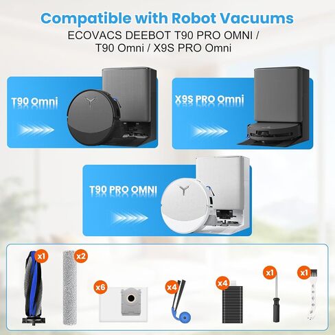 19 قطعة بديلة لـ ECOVACS DEEBOT T90 PRO OMNI & X9S Po Omni، طقم ملحقات المكنسة الكهربائية مع ممسحتين دوارتين، 1 فرشاة رئيسية، 16 كيس غبار، 4 مرشح HEPA، 4 فرشاة جانبية، أداة تنظيف ومفك براغي in Kuwait